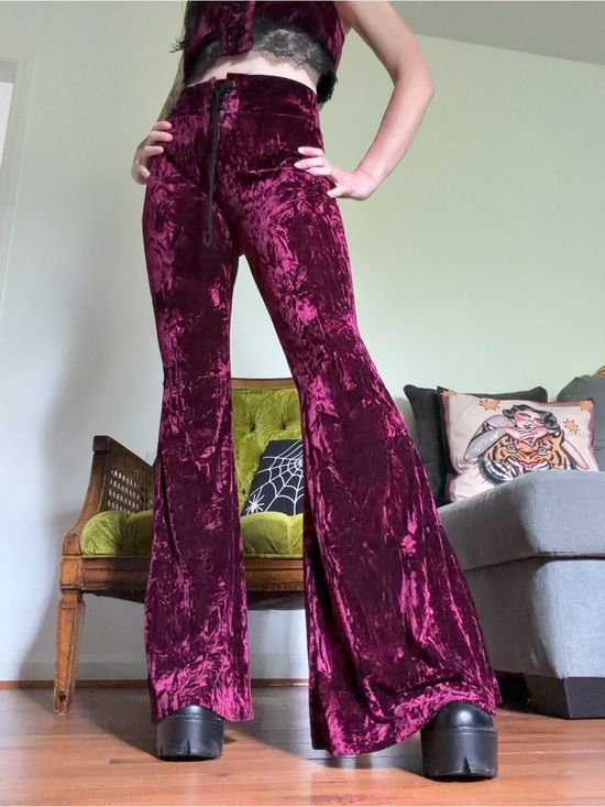 Killstar Pants - Killstar Deep Burgundy Crushed Velvet Flare Pants